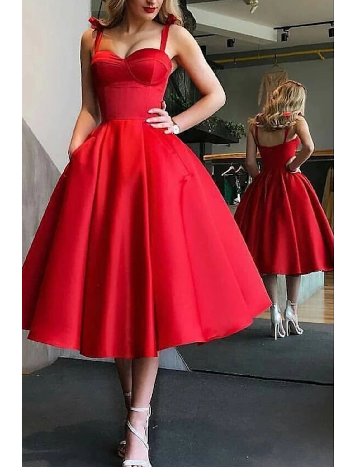 Ball Gown Cocktail Black Dress Vintage Dress Party Wear Prom Tea Length Sleeveless Spaghetti Strap Wednesday Addams Family Satin with Pleats